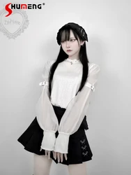 Japanse Mine Harajuku Punk Lolita Binnenshirt Opstaande Kraag Kruis Hanger Mesh Stiksel Lange Mouwen Gebreide Blouse Tops Vrouwen