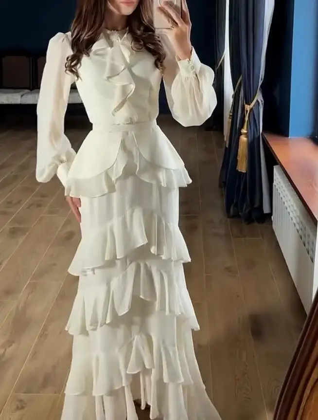 Vestidos femininos strass botão decoração em torno do pescoço lanterna manga maxi vestido com zíper volta em camadas plissado hem chiffon vestido de noite