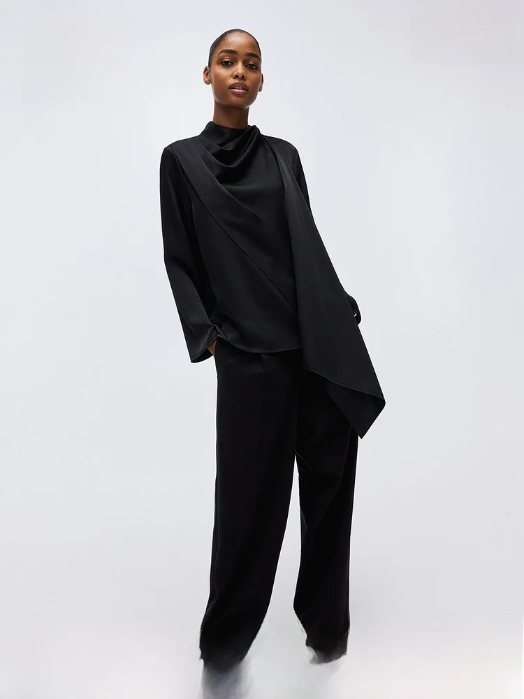 

Spring New Women's Satin irt Design oulder Wrap Casual Sle Long Sve Polyester Fiber Regular Thin Asymmetrical