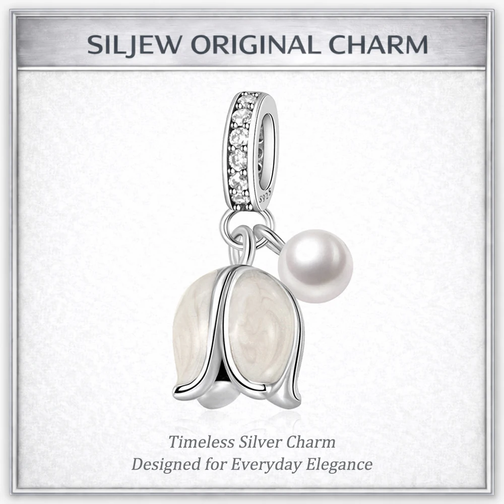 

SilJew Original Silver Plated White Lily of the Valley with Pearl Dangle Charm Fit Bracelets & Necklaces Women Jewelry DIY Beads