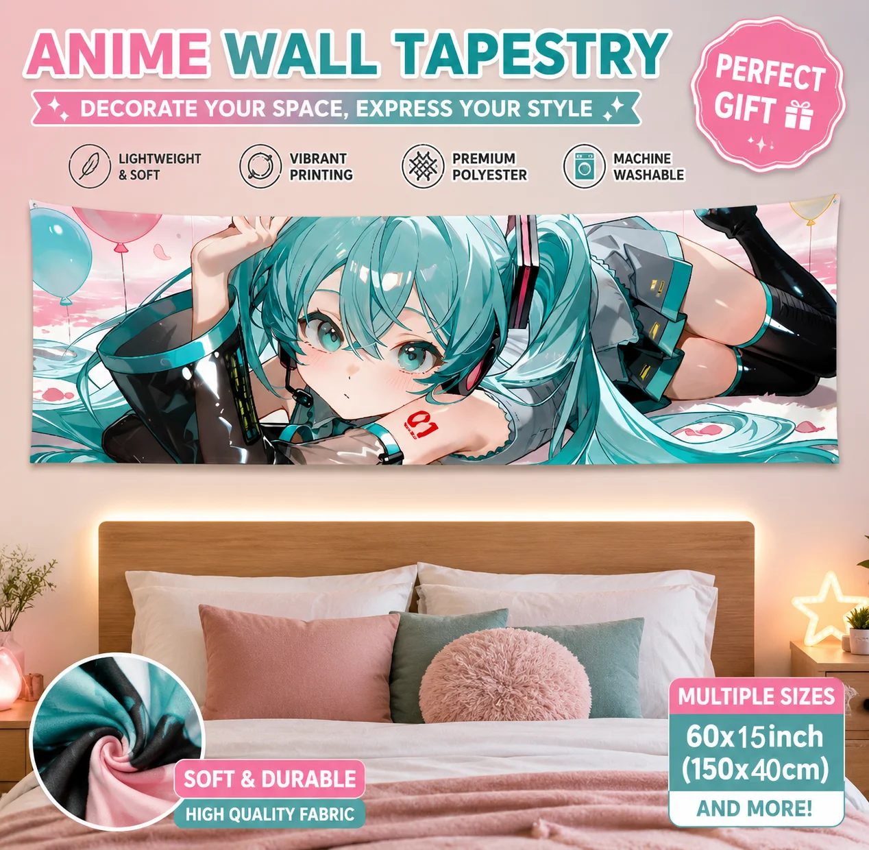 Hatsune Miku Anime-Wandteppich, rosa Himmel, Ballon-Hintergrund, horizontaler Wandbehang für Schlafzimmer
