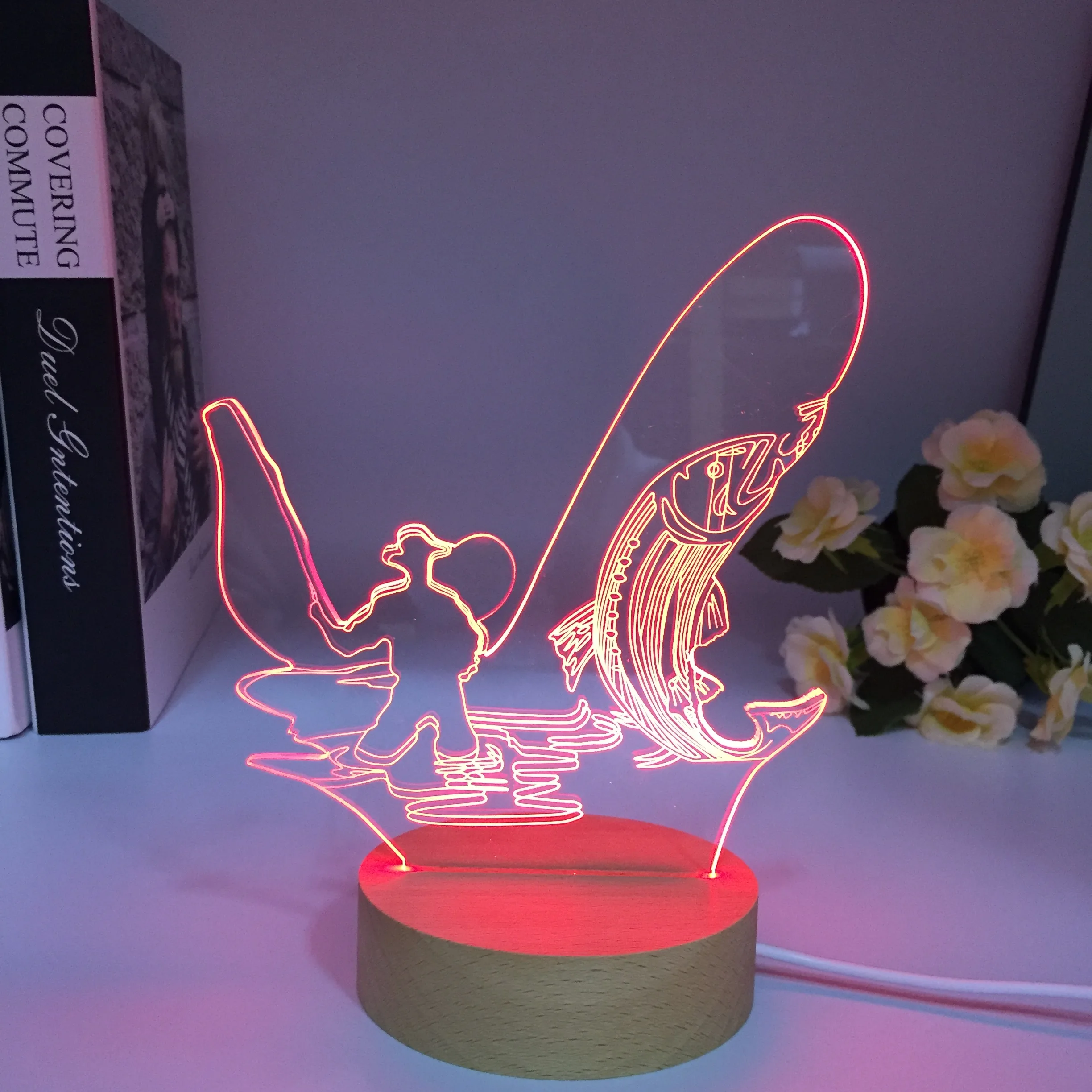 Wooden 3D Table Night Light Acrylic LED Decor Fishing 3D Night Lamp with Colors Birthday Gifts Wood Present for Room Decor