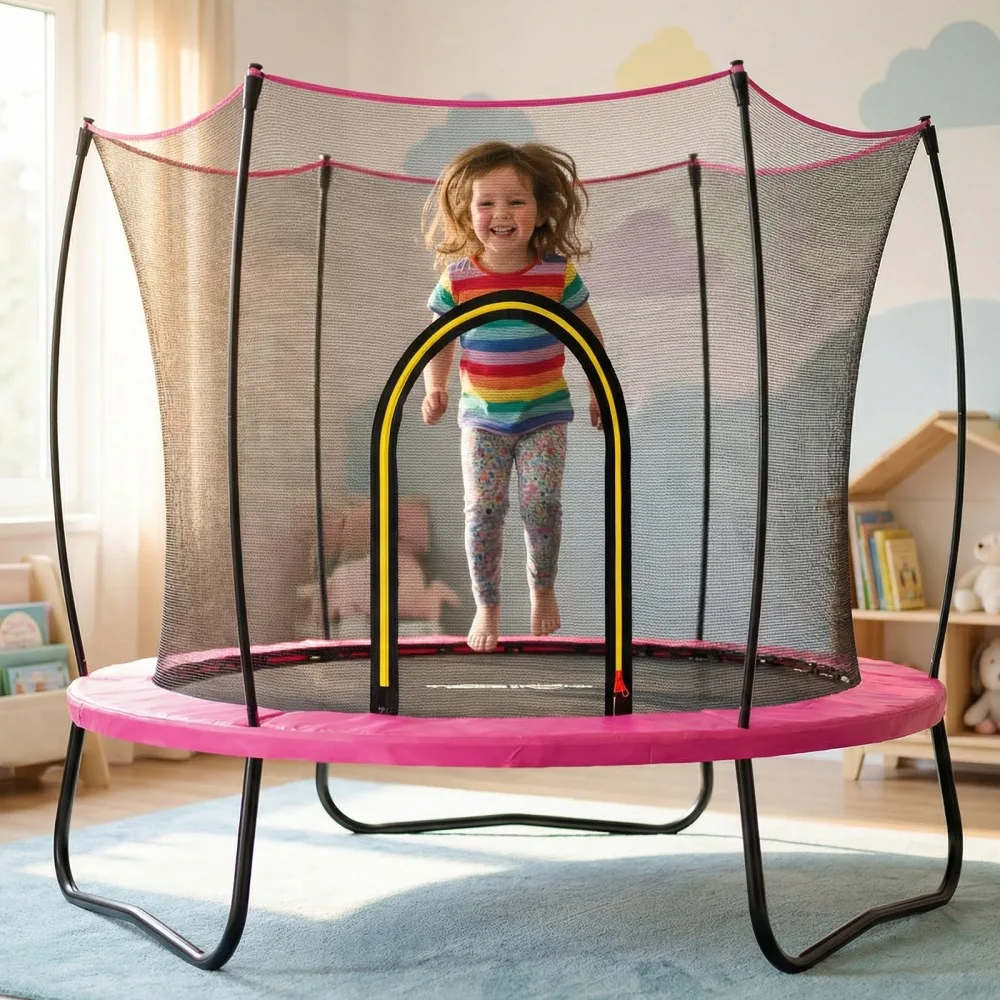 

55" high indoor trampoline, equipped with a safety fence net, featuring arched doors and sturdy U-shaped legs