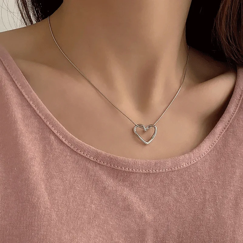 ANENJERY 316L Stainless Steel Hollow Distorted Heart Necklace Earrings for Women Simple Fashion Jewelry Set Wholesale