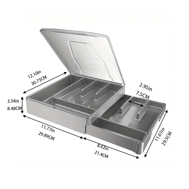 Double silver storage box with cover, cutlery rack with cover, cutlery storage box, gray