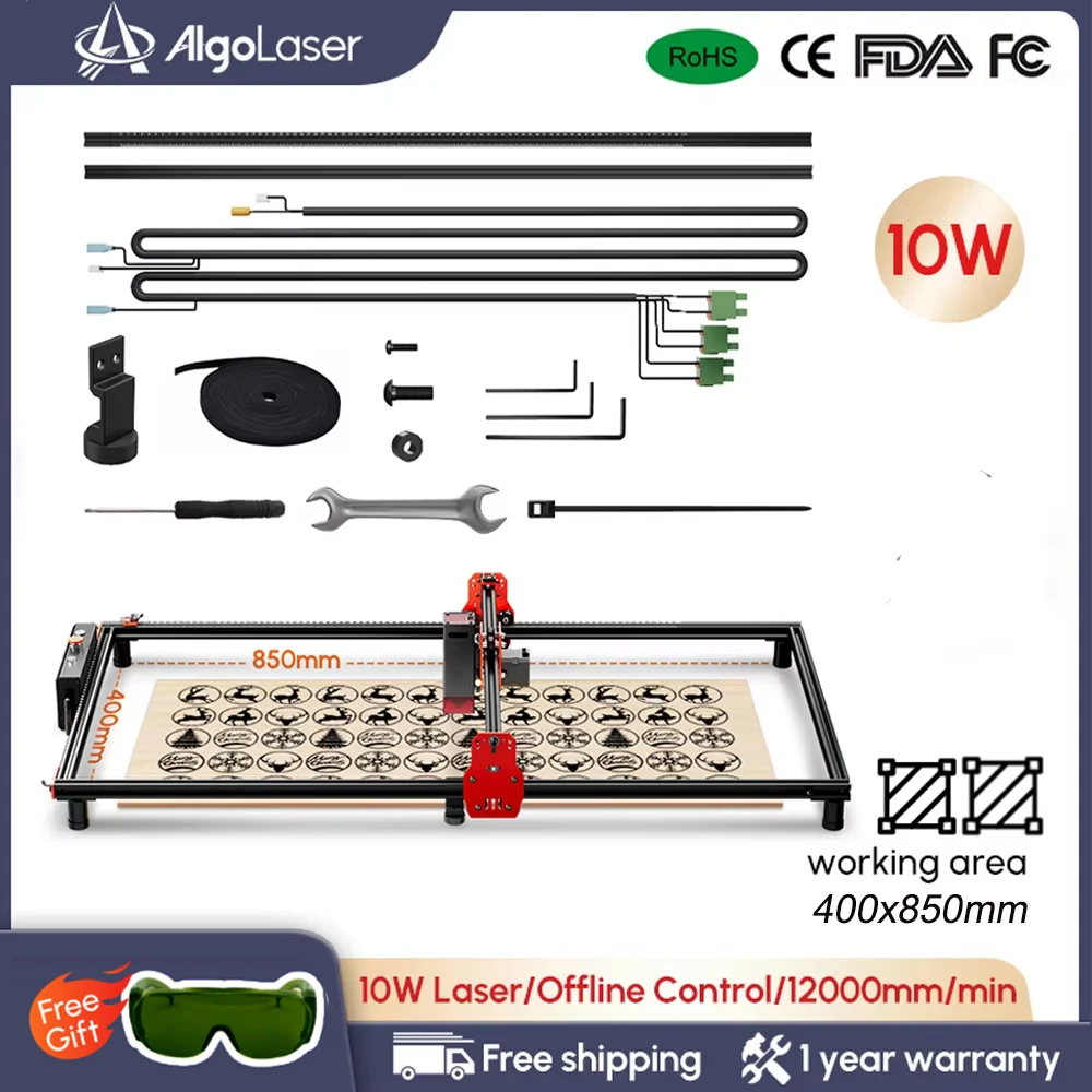 AlgoLaser Engraving Machine Area 85*40cm WIFI Offline Control 10W Laser Engraver DIY Leather Acrylicy Wood Cutting Air Assist