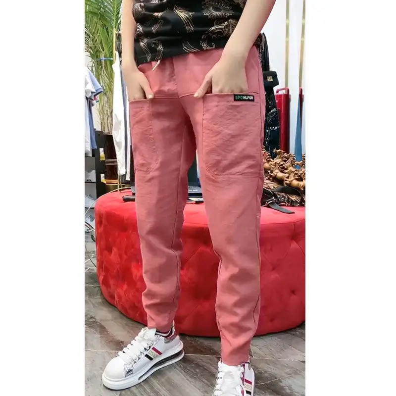 

Men's Clothing New Spring Autumn Solid Color High Waist Drawstring Spliced Slim Fit Trendy Cotton and Linen Straight Trousers