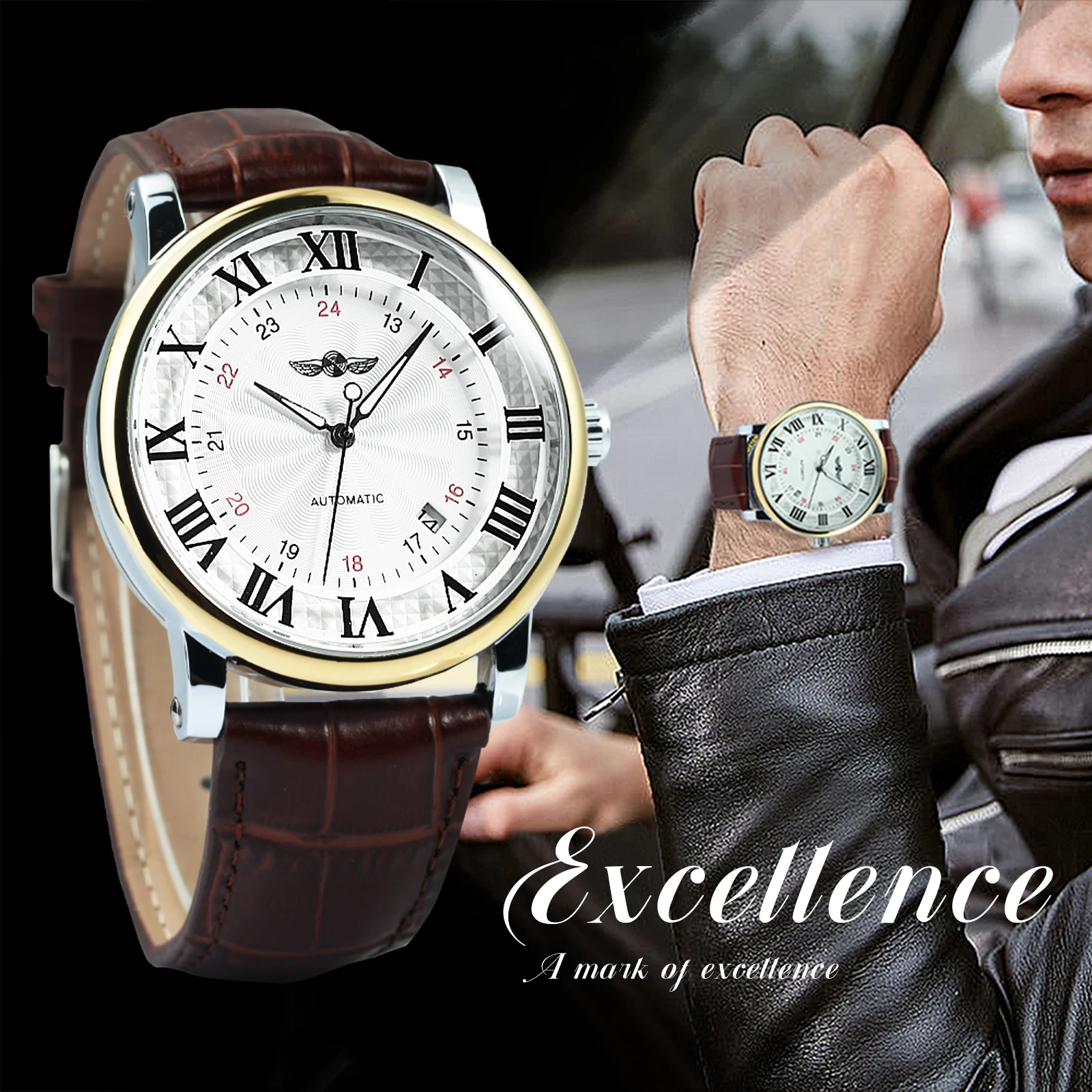 WINNER Fashion Business Mechanical Watches Date Display Minimalist Automatic Watch for Men Casual Brown Leather Strap Wristwatch