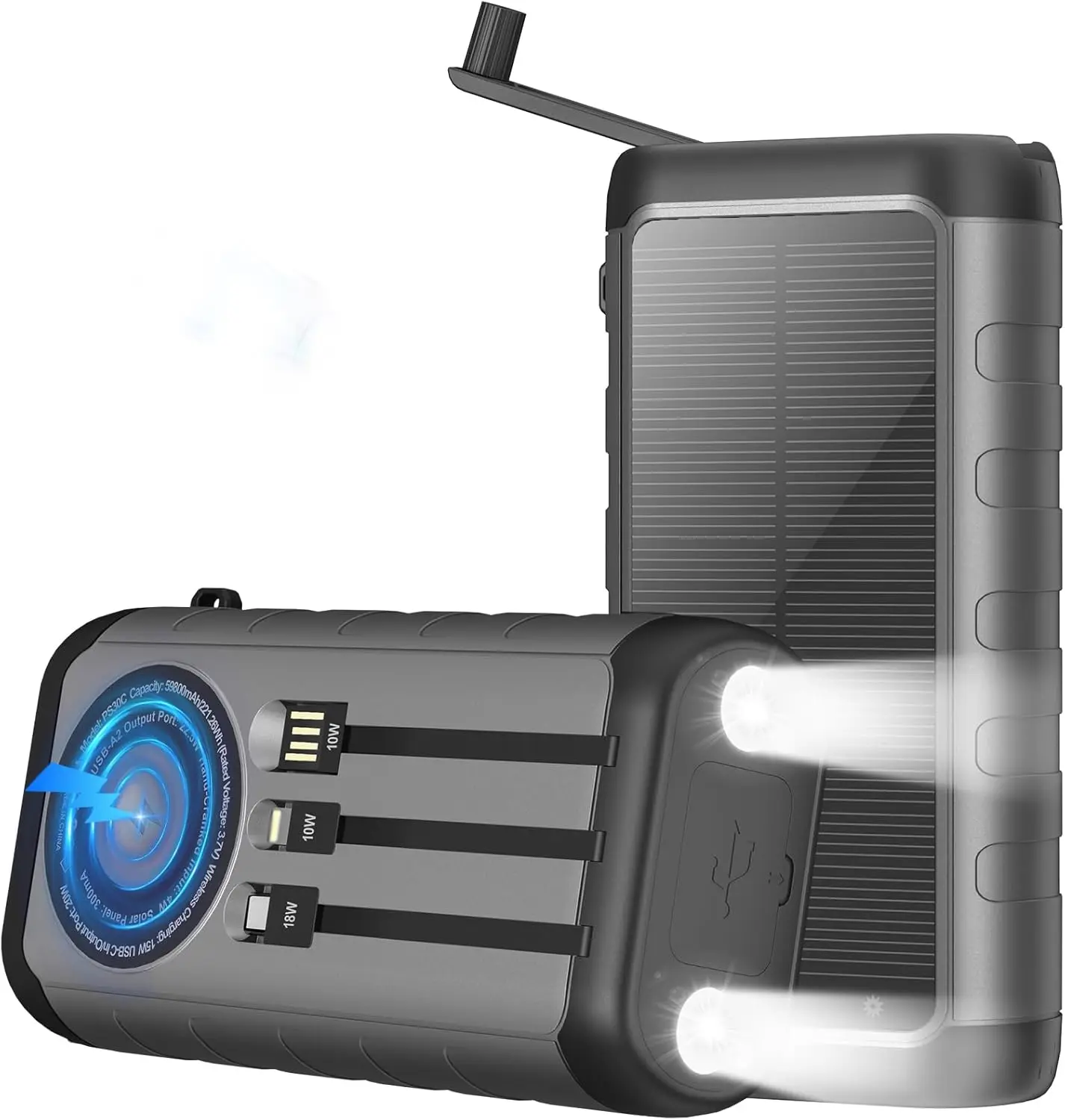 

Солнечный Power Bank 59800 мАч, водонепроницаемый, с ручным зарядным устройством, беспроводной зарядкой и LED-фонариком для кемпинга и походов