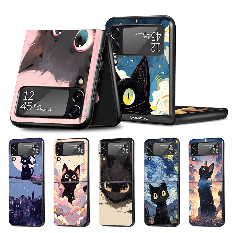 Anime Cute Black Cat Meow Z Flip 4 Phnoe Case For Samsung Z Flip 3 5 5G Black Hard Shell Galaxy ZFlip3 ZFlip4 ZFlip5 Unique Cove