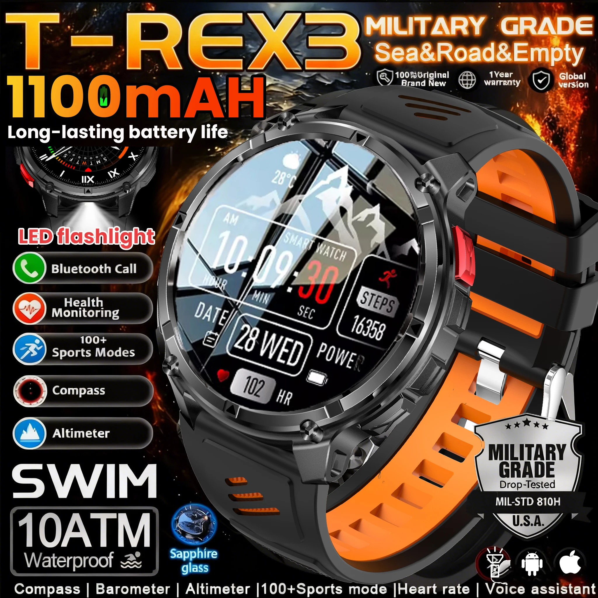 

Новые умные часы T-Rex3 Pro 2026 года с аккумулятором 1100 мАч, GPS-трекером, водонепроницаемостью 5ATM, для спорта, бега, активного отдыха, с компасом, военные смарт-часы