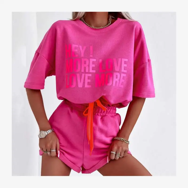 Conjunto de Roupas Casuais Fenas, Cseta e orts, Conjunto de Moda Juvenil com Decote Redondo e Manga Curta