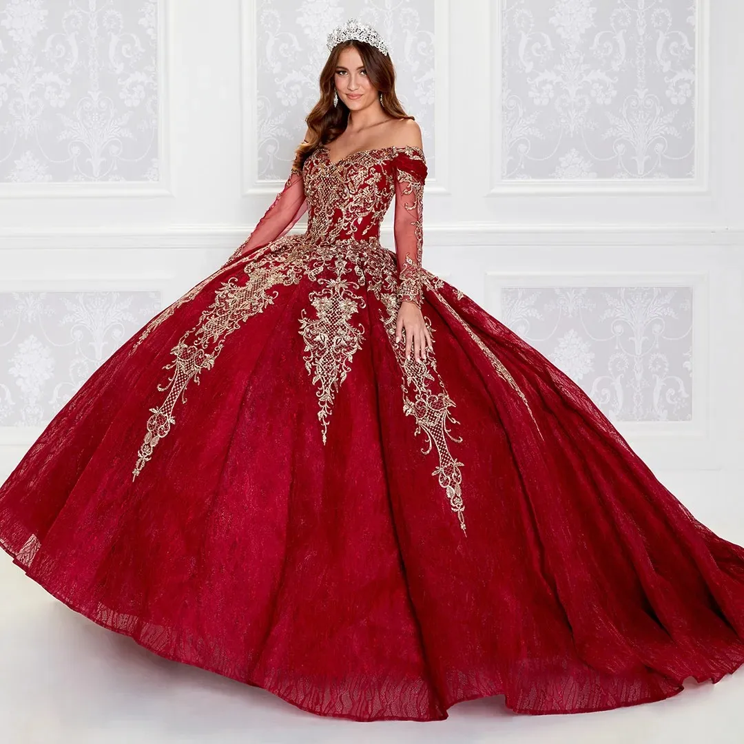 Burgundy Charro Quinceanera Dresses Ball Gown V-neck Long Sleeves Appliques Lace Mexican Sweet 16 Dresses 15 Anos Customized