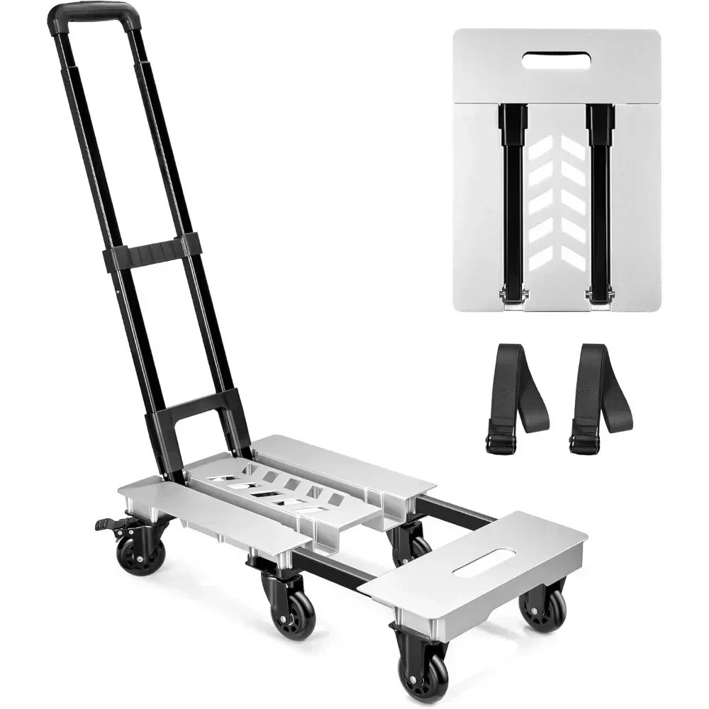 Aluminum Panel Folding Hand Truck Dolly,600lbs Heavy Duty Luggage Cart with 6 Wheels for Moving, Travel, Shopping Use