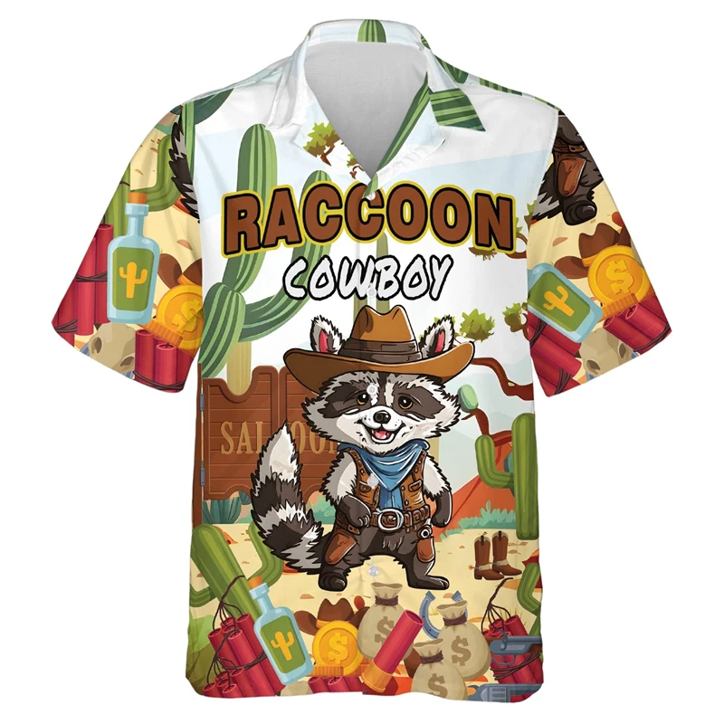 Female Kawaii Raccoon Shirts For Men Clothes Cute Animal Graphic Beach Shirts Casual Vacation Lapel Blouse Cartoon Raccoons Top