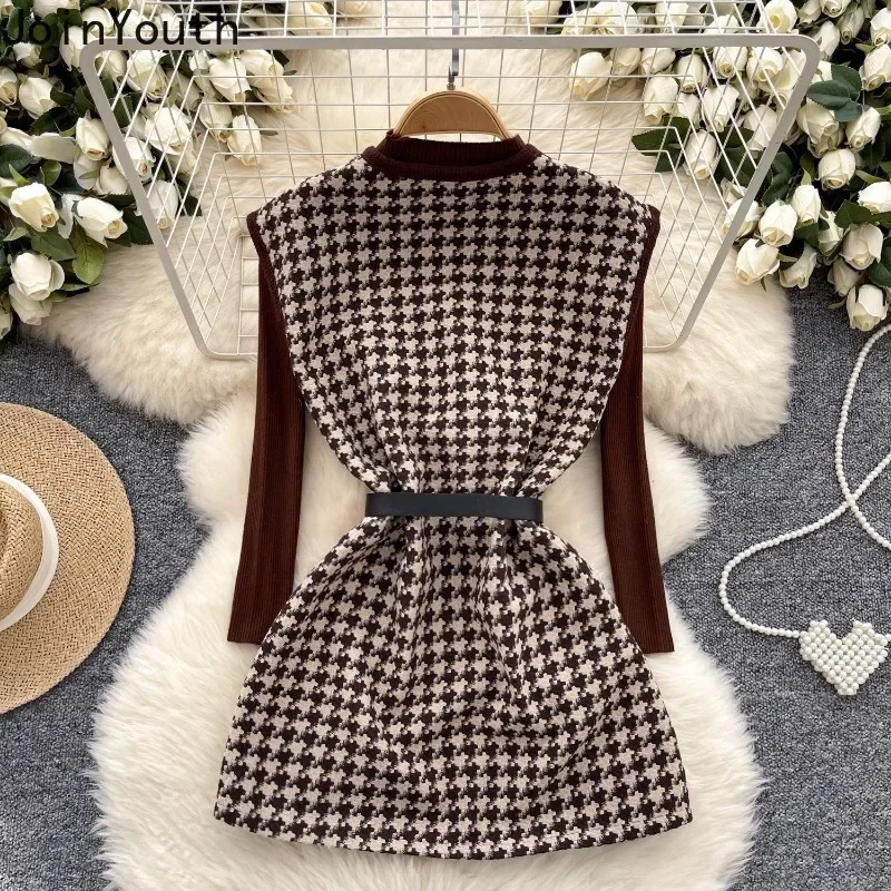 Roupas Femme Temperament 2 Piece Sets Women\'s Clothing V-neck Slim Waist Plaid Vest Coat Knitted Pullovers Outfits Korean Suit