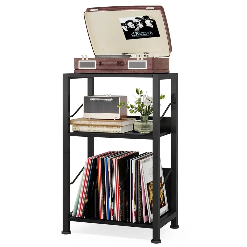 

3 Tier Record Player Stand, Retro Vinyl Record Storage End Table Records For Living Room Bedroom (Black)