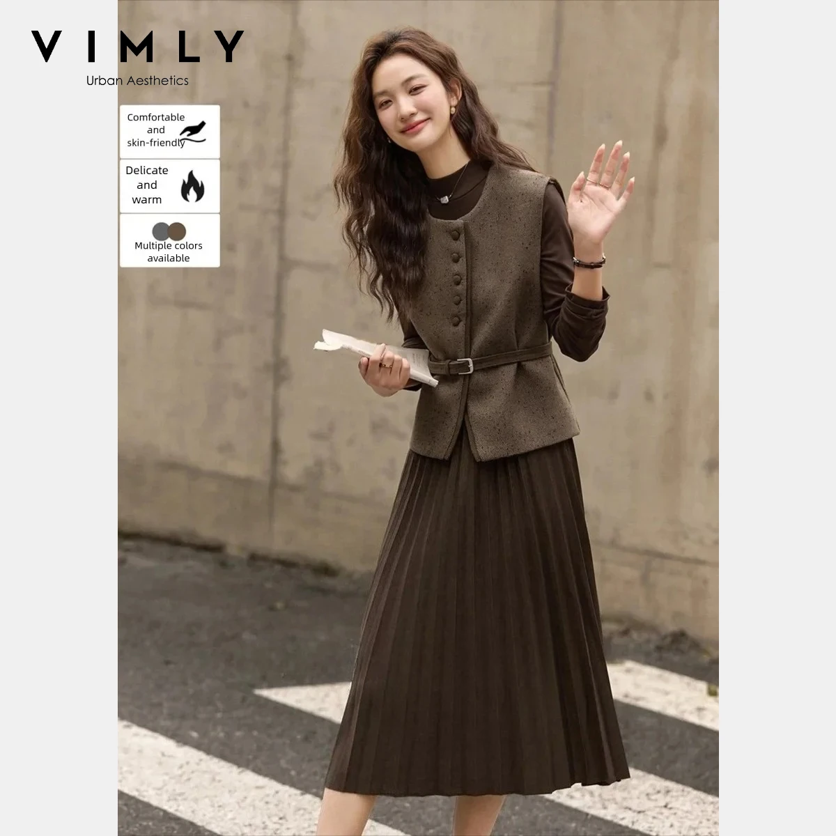 VIMLY Women Coffee Old Money Two-Piece Set 2026 Fall Round Neck Sleeveless Vest Pleated Dress Fall Winter Matching Outfit 30529