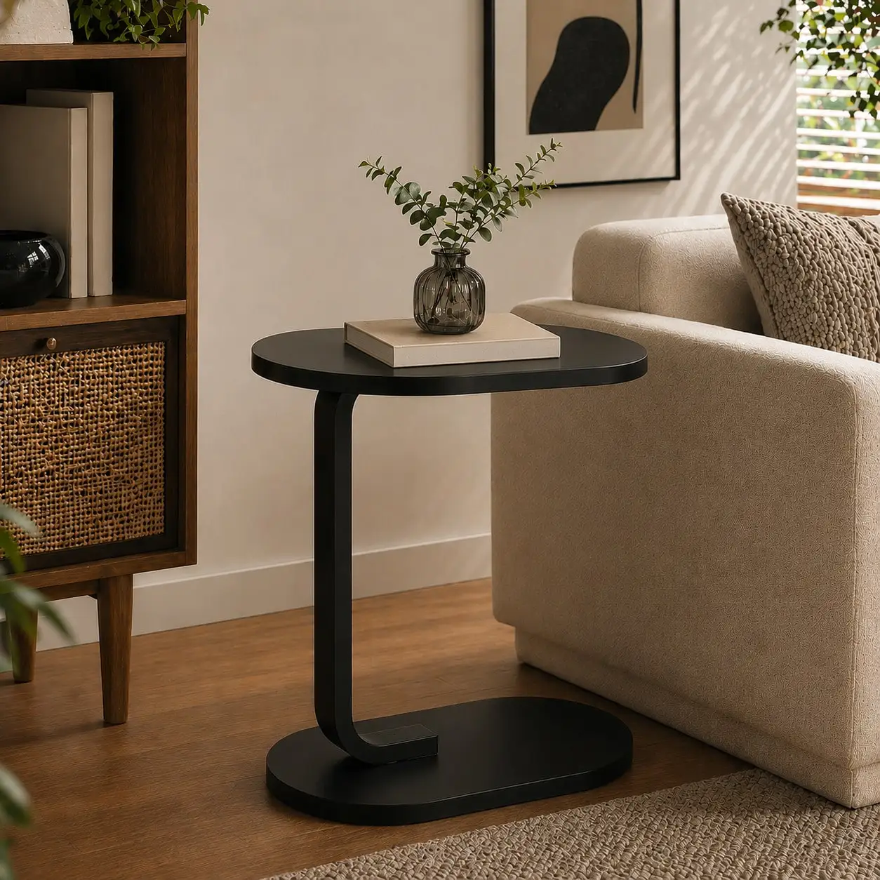 XWWUA C-Shaped Side Table, Compact Sofa Table With Oval Wood Top And Metal Frame; Space-Saving Snack Table For Living Room, Bedroom, And Small Spaces; Perfect For Holding Coffee, Drinks, And Books; Easy To Assemble; Modern Minimalist Design