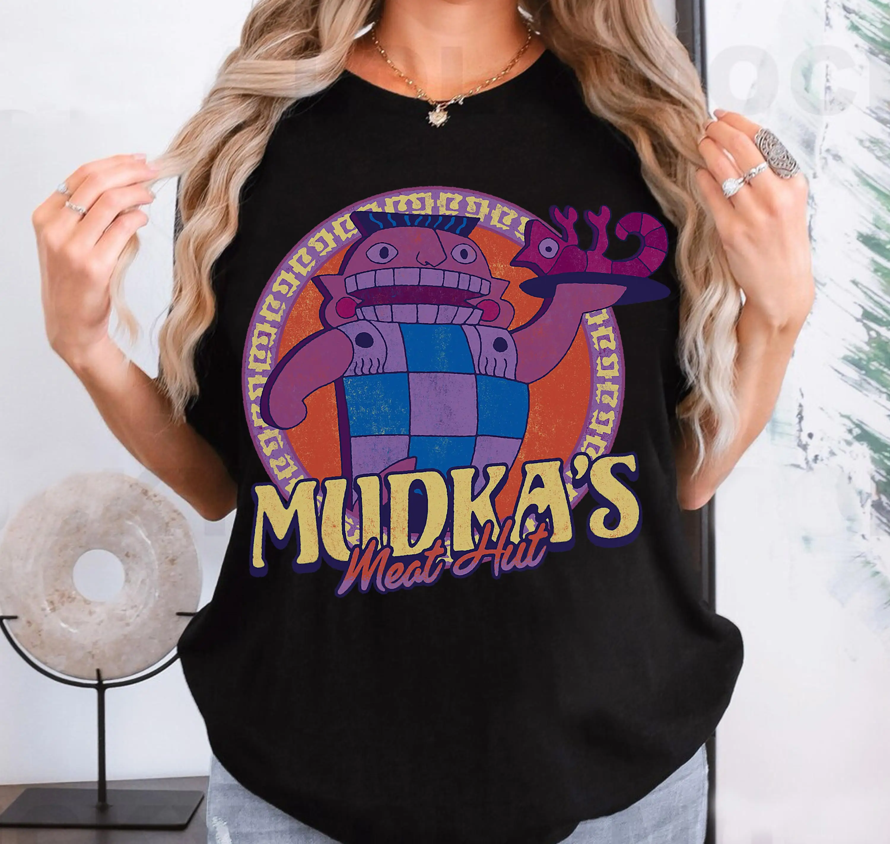 Camisa con logo de cabana de carne de Mudka New Groove Emperor de Etro de Disney, camisa de restaurante Inca Empire, camisa familiar de vacaciones de Disneyland