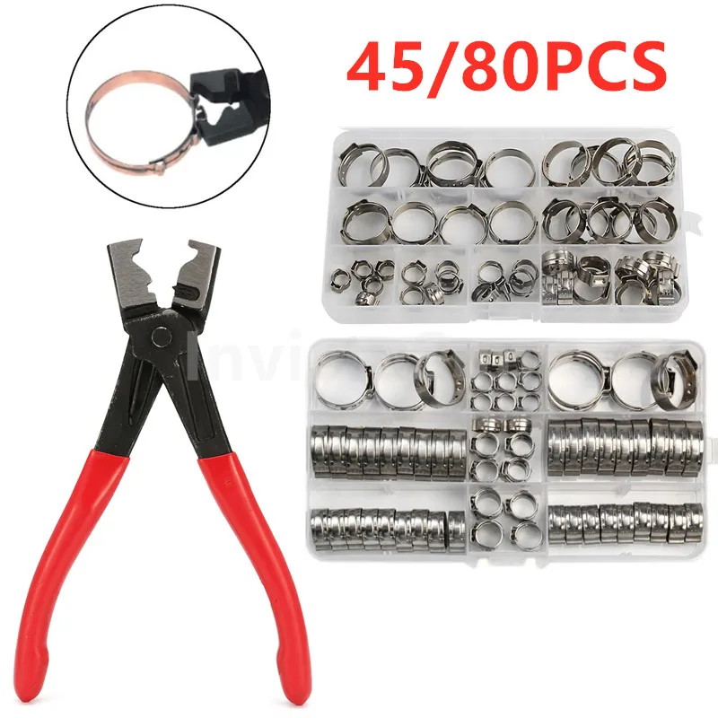 

80/45pcs Stainless Steel Ear Stepless Clamp Worm Drive Fuel Water Hose Pipe Clamps Clips+ 1PC Hose Clip Clamp Pliers