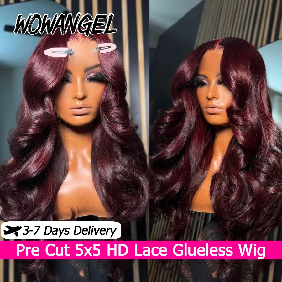 99J Красные бесклеевые парики Предварительно вырезанные 5x5 HD Парики с кружевной застежкой 100% человеческие волосы Темно-бордовые парики с объемной волной Предварительно выщипанные бразильские волосы