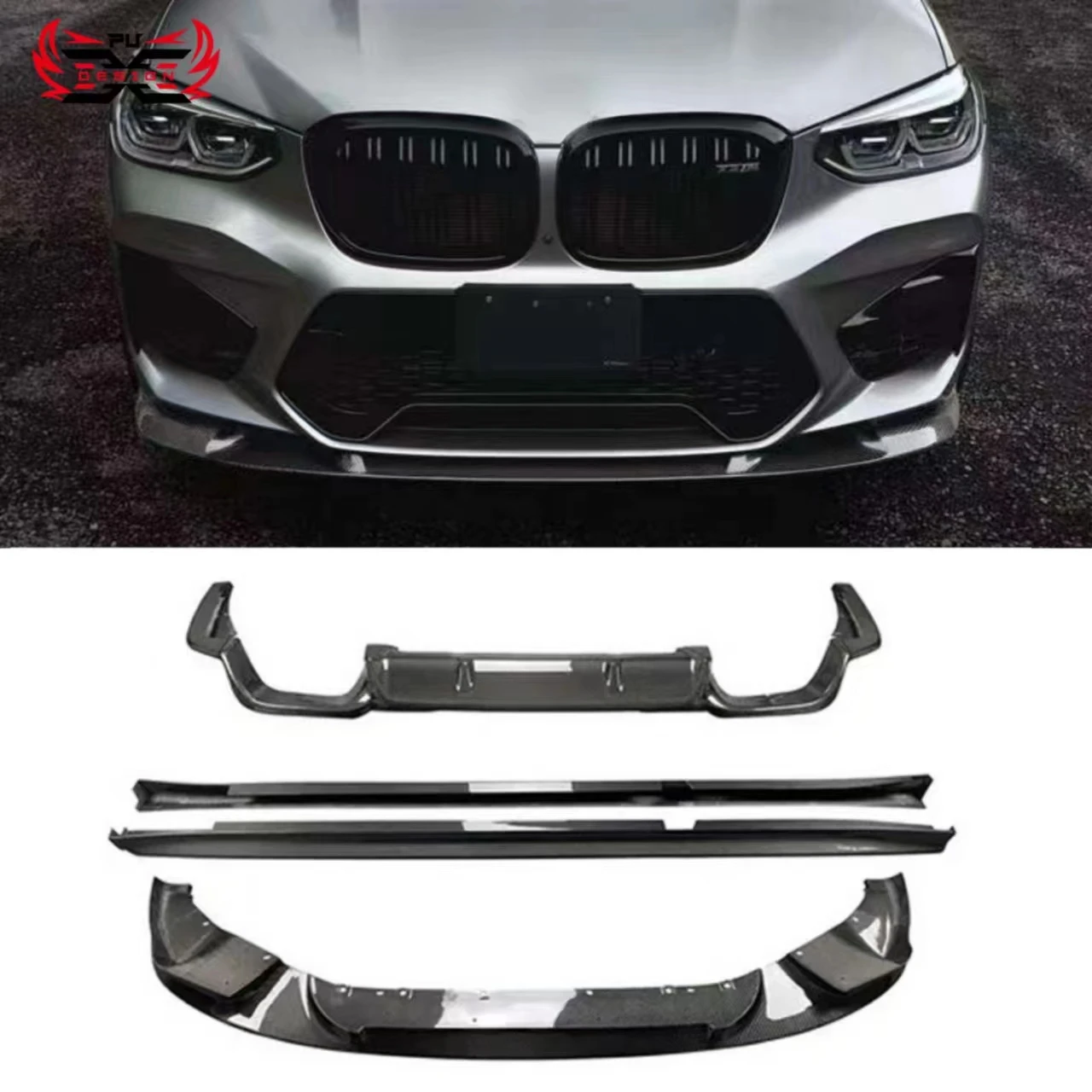 3D Style For BMW X3M F97 X4M Carbon Fiber Front Bumper Front Lip Rear Diffuser Side Skirts  2019-2021