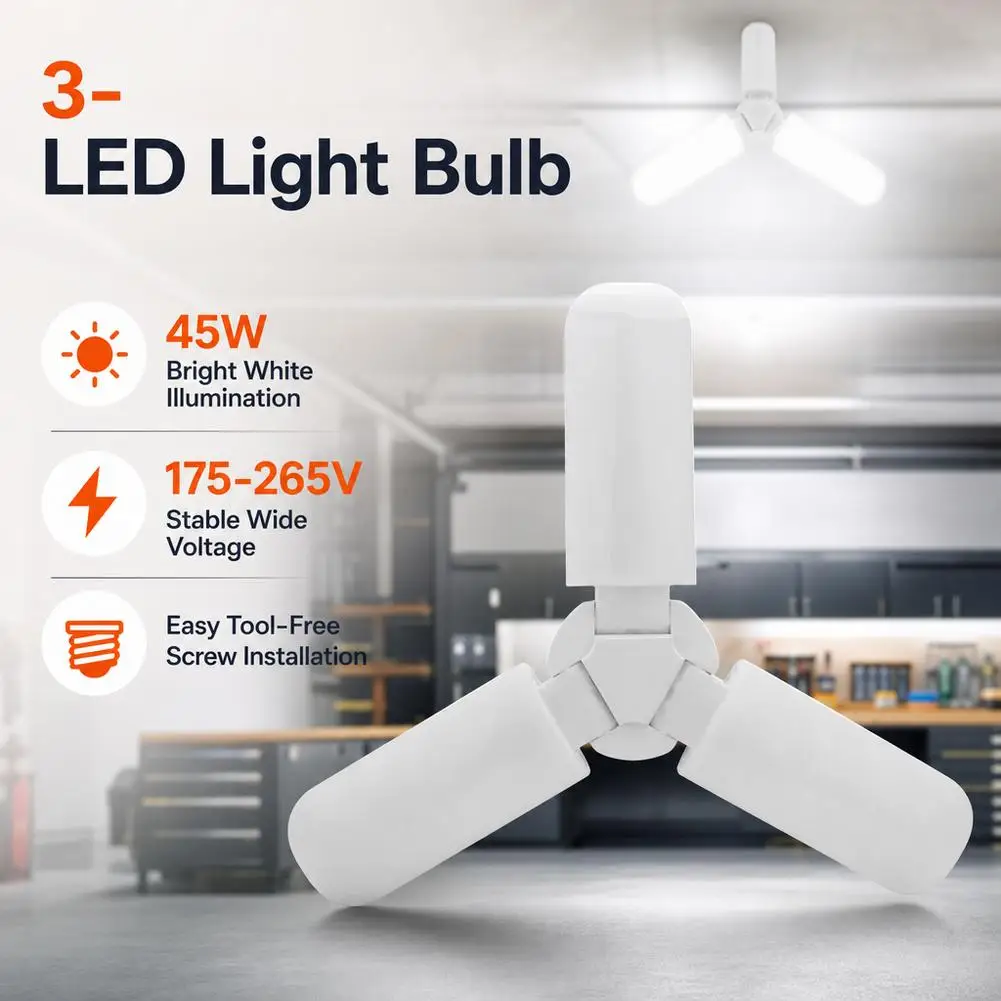 45W LED Garage Light E27 Deformable Ceiling Light Bulb 3 Adjustable Folding Panels Garage Shop Lights for Basement Workshop