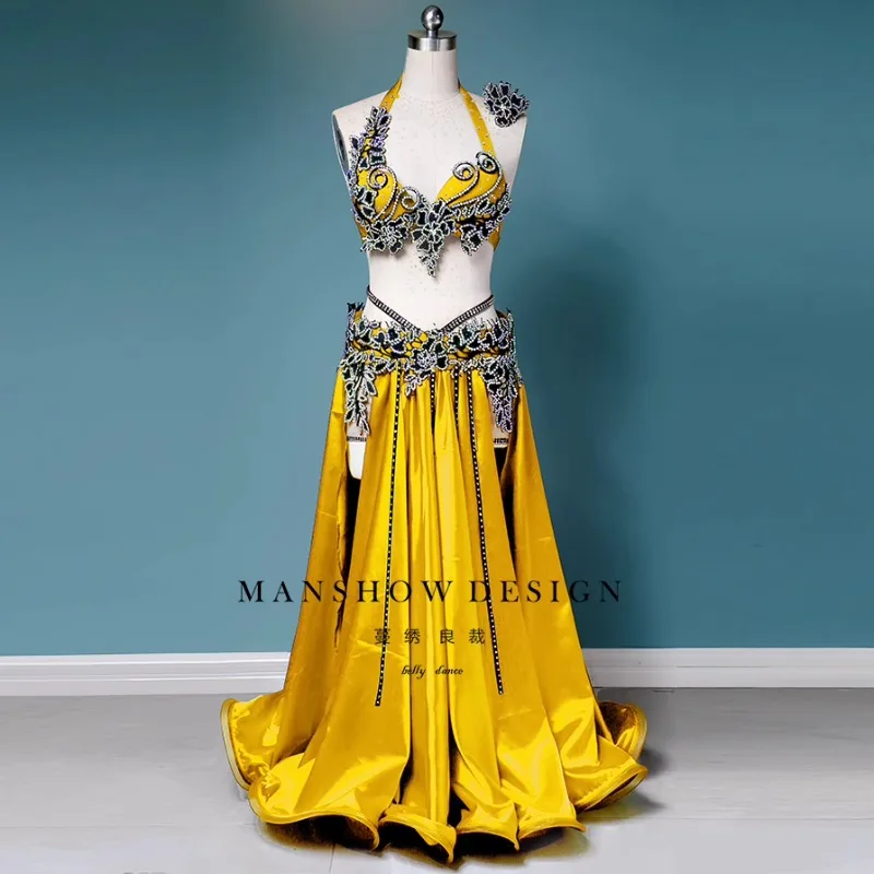 Ensemble de vêtements de danse du ventre personnalisés, sexy, double fente, chaîne de taille, robe longue avec pompon, tenue de performance, soutien-gorge et jupe de danseuse du ventre