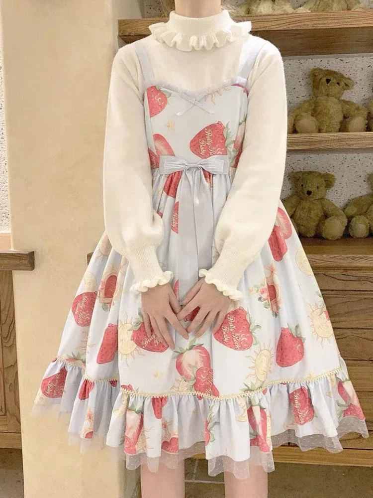 KOSAHIKI Maglione a collo alto con volant Kawaii da donna giapponese vintage morbido ragazza manica a lanterna carino maglione lavorato a maglia Lolita