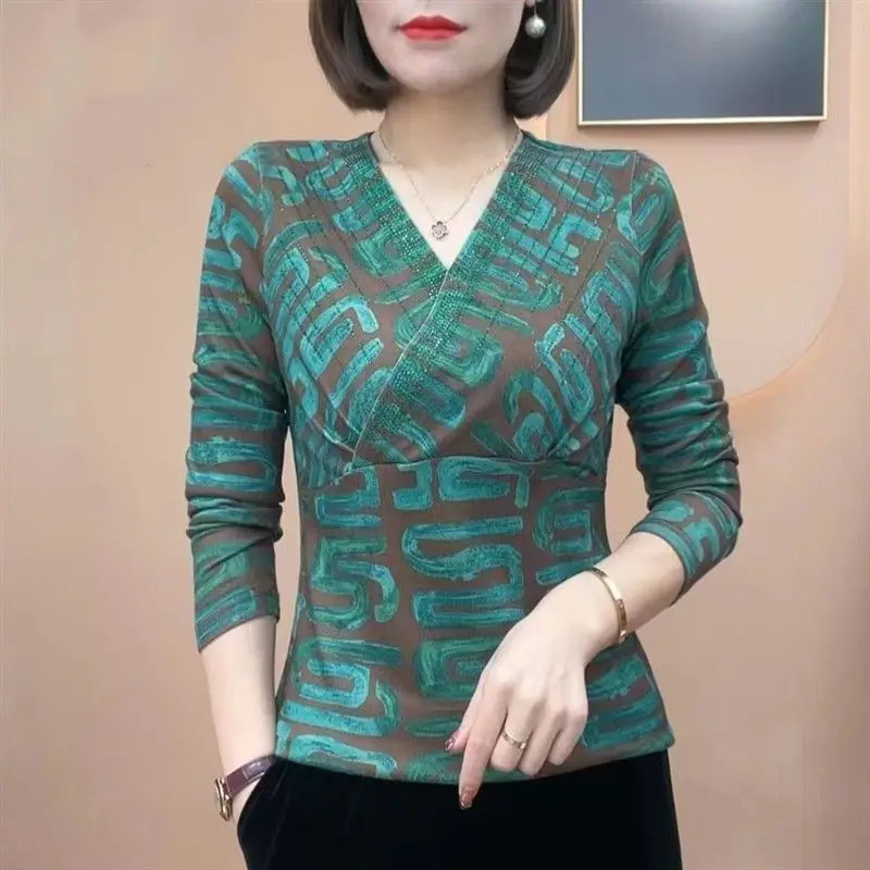 Fashion Vintage Women Diamond Long Sleeve T-shirt Spring Autumn New Korean Clothing Casual Basic Slim Pullover Bottoming Top
