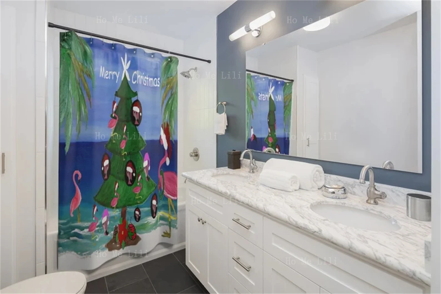 Flamingo Christmas Trim A Tree Santa Alligator Pelican Holiday Coastal Beach Design Shower Curtain