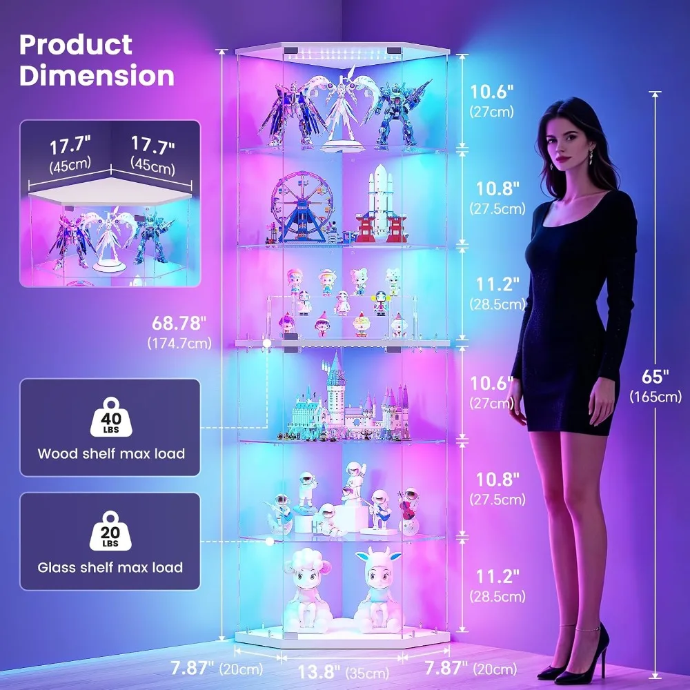 6-Tier Corner Display Cabinet Full Glass with RGB Light White