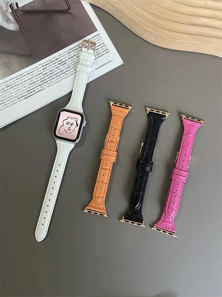 For Apple Iwatch Leather Band Genuine Leather Watch Strap For Apple Watch 6 7 5 4 3 2 1 Crocodile Pattern Slim Band For Iwatch