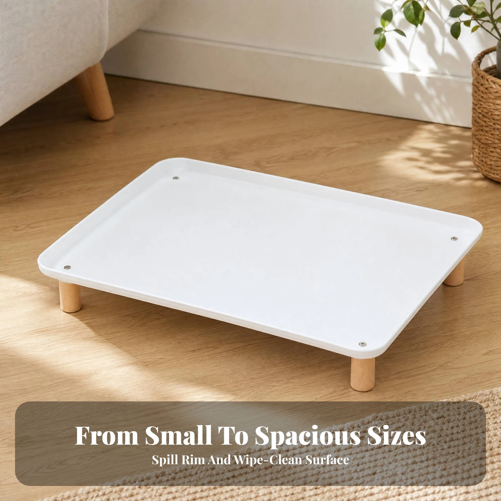 Single-Tier Elevated Pet Feeding Platform Spill Minimizing Polypropylene Pet Feeding Platform with Wooden Legs Compact Non-Slip