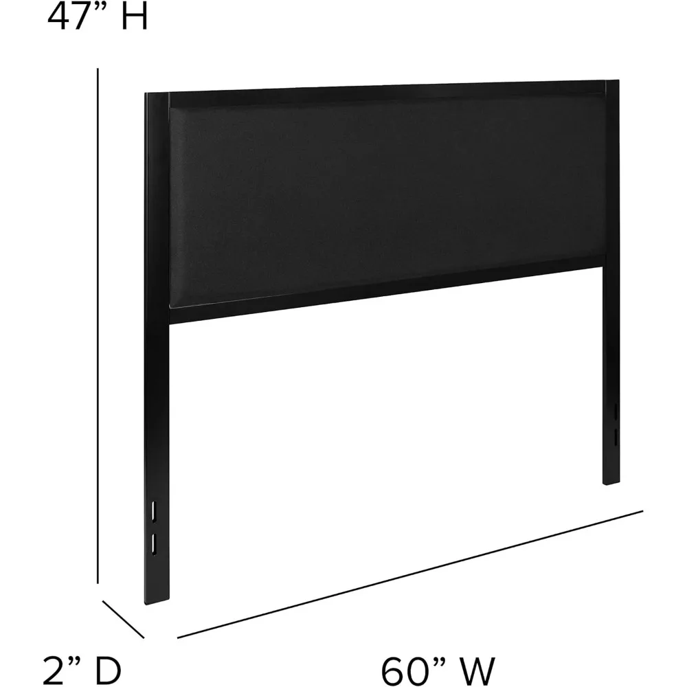 EMMA + OLIVER Queen Size Black Fabric Upholstered Panel Headboard with Metal Surround and Legs - Attaches to Standard Bed Frames