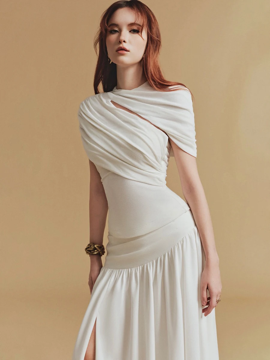 VGH temperamento Slim Fit conjuntos de dos piezas para mujer cuello redondo manga corta Top calado falda larga de cintura alta conjunto elegante Mujer