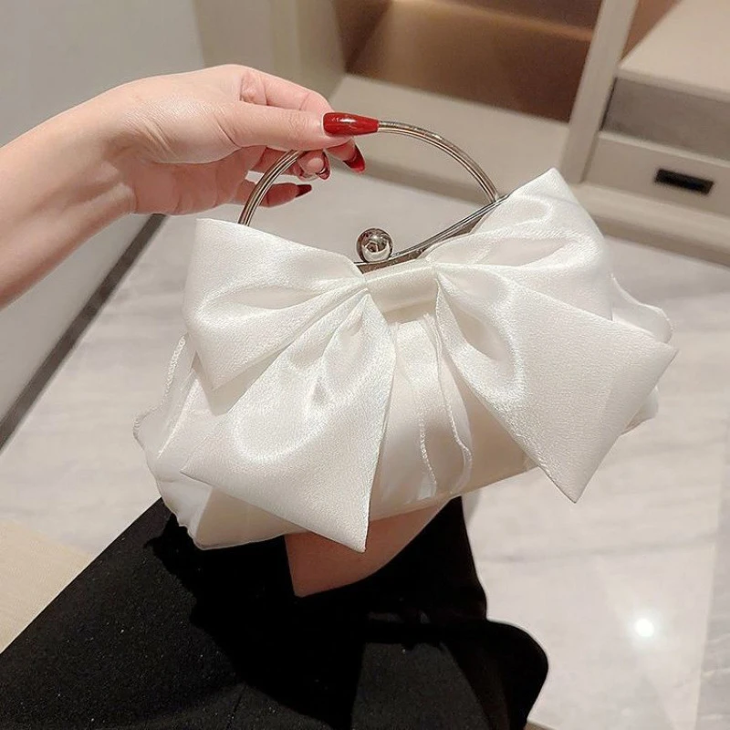 

Gold Bright Silk Bowknot Evening Bag Women Elegant Fashion Banquet Clutch Chain Shoulder Bags Luxury Purse Female Party Handbags