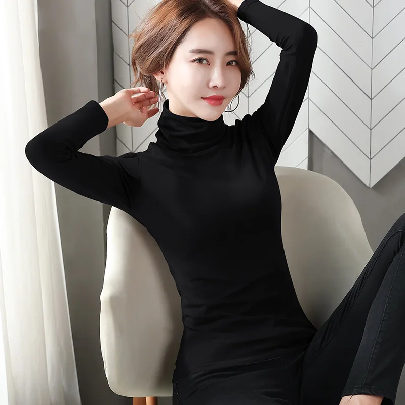 Fashion Autumn Winter Female Stretch Shirt Women Turtleneck Long Sleeve Thin Slim T-shirt Girls Basic Pullover Bottoming Tops