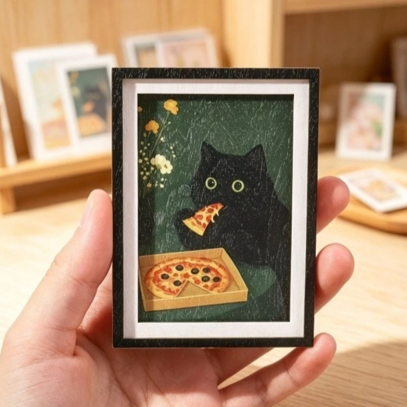 Exquisite Mini 3 Layer Photo Frame Fridge Magnet Black Cat and Pizza Pattern Fun Home Decor Masterpiece Refrigerator Magnet Gift