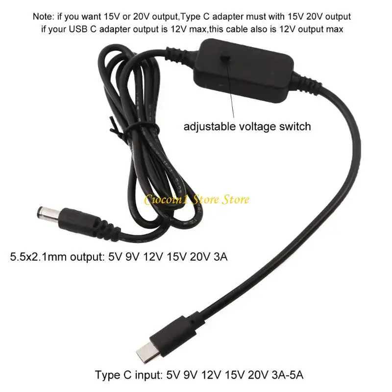A3PC Type C to 5.5x2.1mm 5V 9V 12V 15V 20V Power Cable for Studio Speaker Fan Lamps