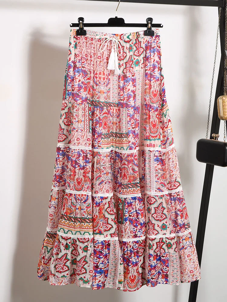 

Модная лоскутная юбка с принтом в стиле ретро, женская юбка трапециевидной формы для похудения, средней длины, летнее новое поступление, Ele Age-Defng