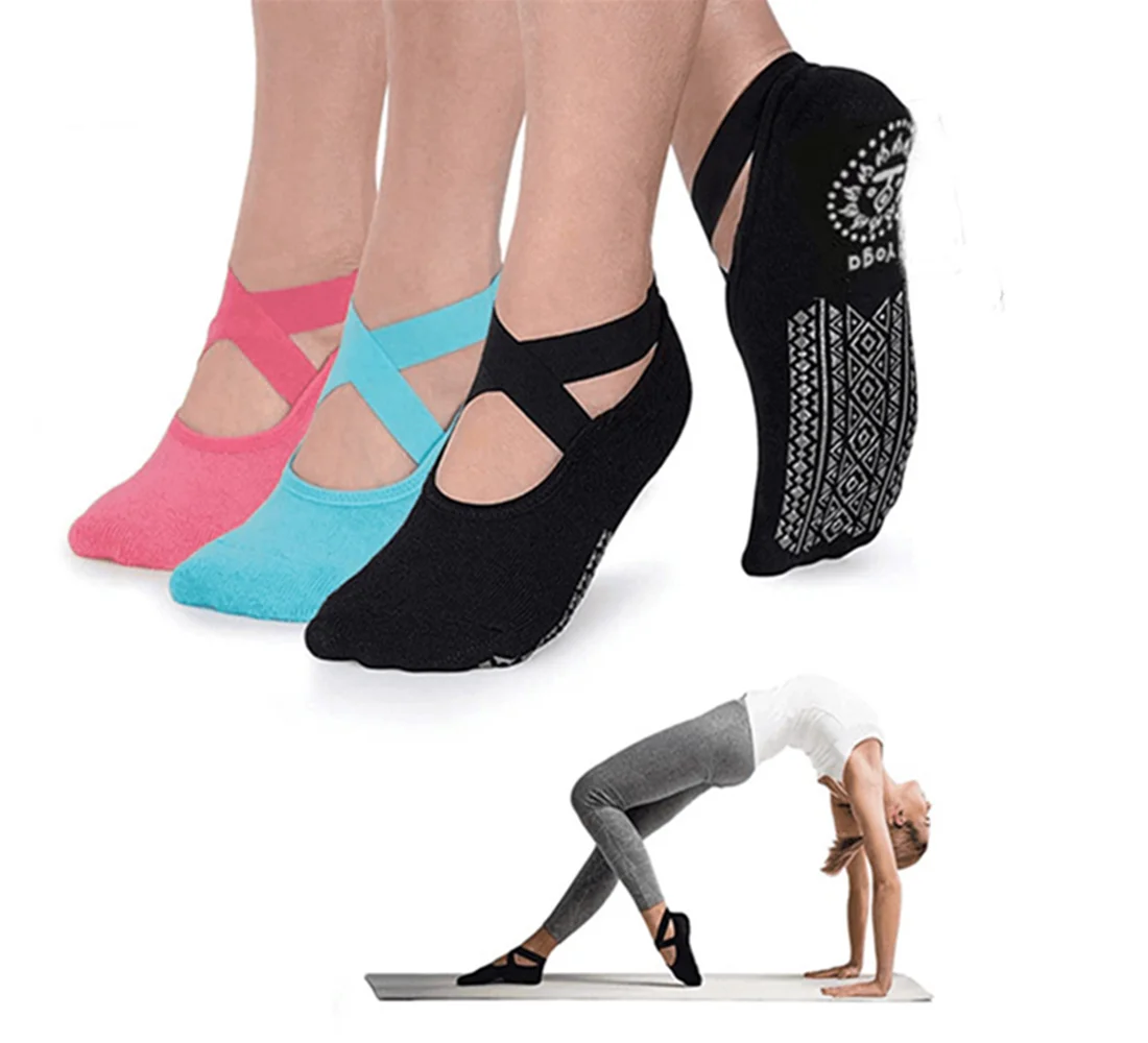 

Yoga Socks for Women Non-Slip Grips & Straps, Bandage Cotton Sock, Ideal for Pilates Pure Barre Ballet Dance Barefoot Workout