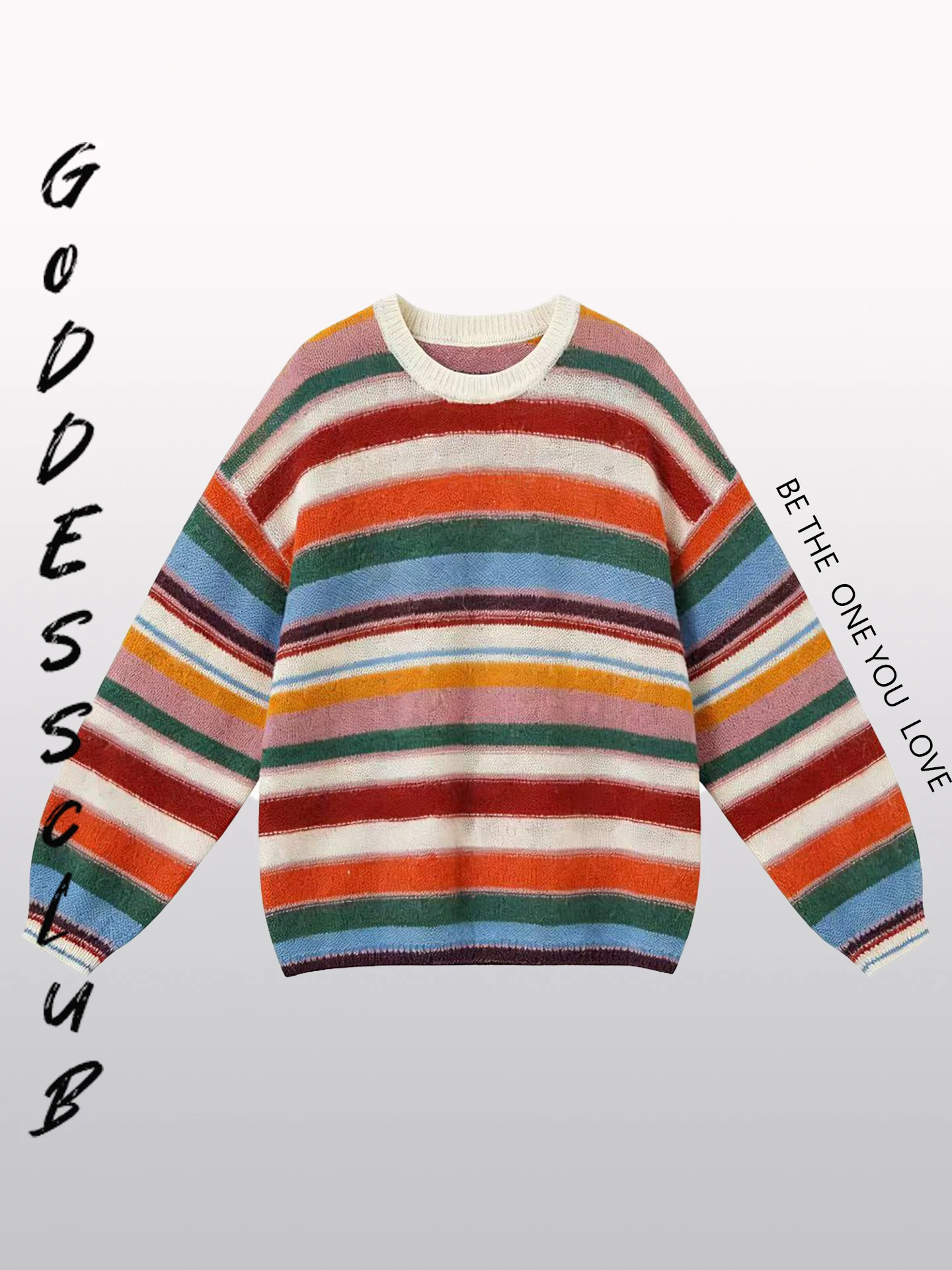 

Свободный женский вязаный свитер в полоску из смесовой шерсти, весна 2026, радужный, длинный, с круглым вырезом, пуловер, модный для девушек