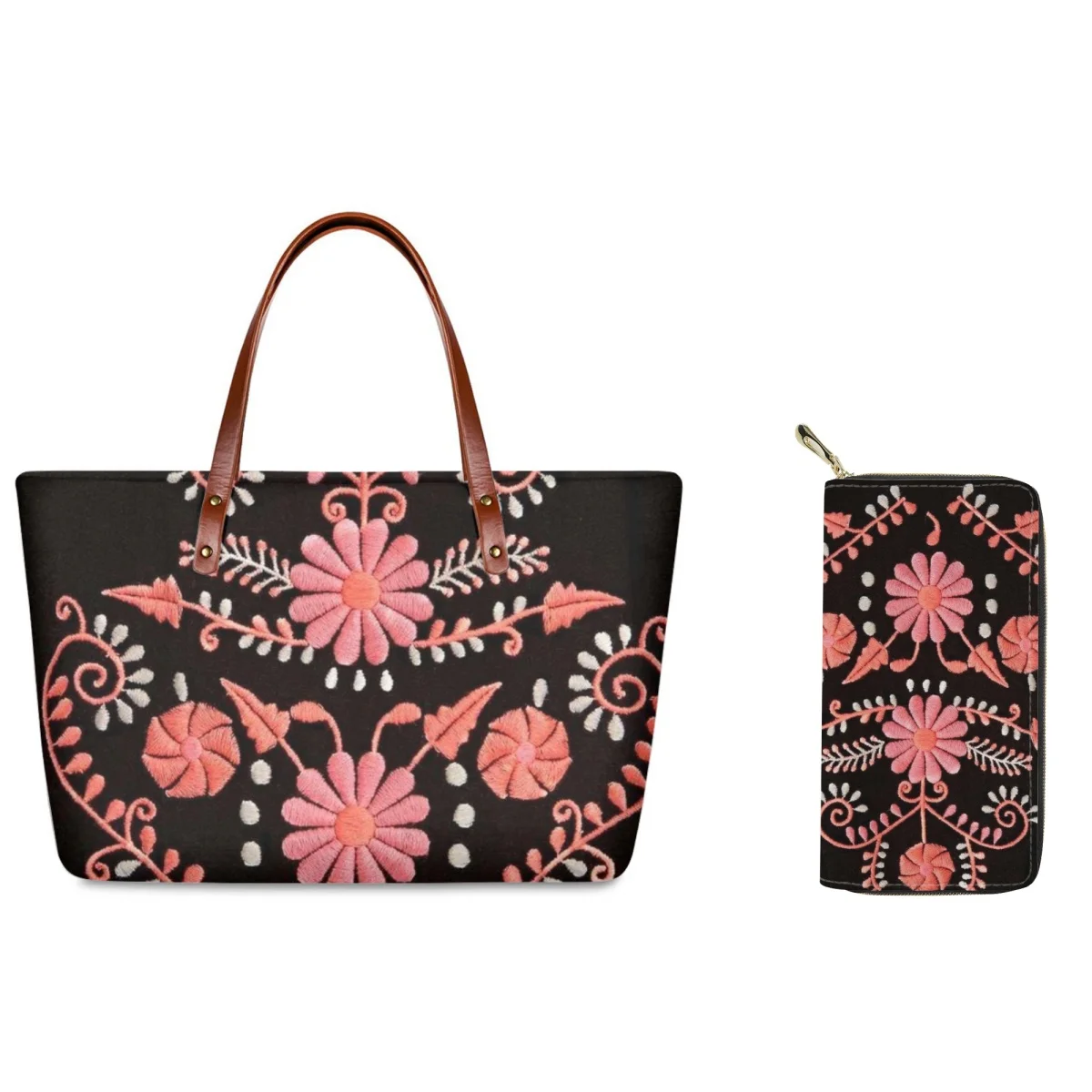 FORUDESIGNS 2Pcs/Set Totes Bags Mexican Folk Art Style Fashion Ladies Handbags Large Capacity Shopping Bag Handy Storage Makeup