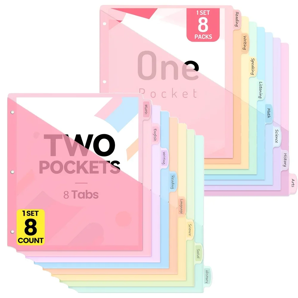 

8 Count Dividers with One/Two Pockets 8 Tab Binder Dividers Colorful Tab Binder Dividers with Pockets for Easy for School