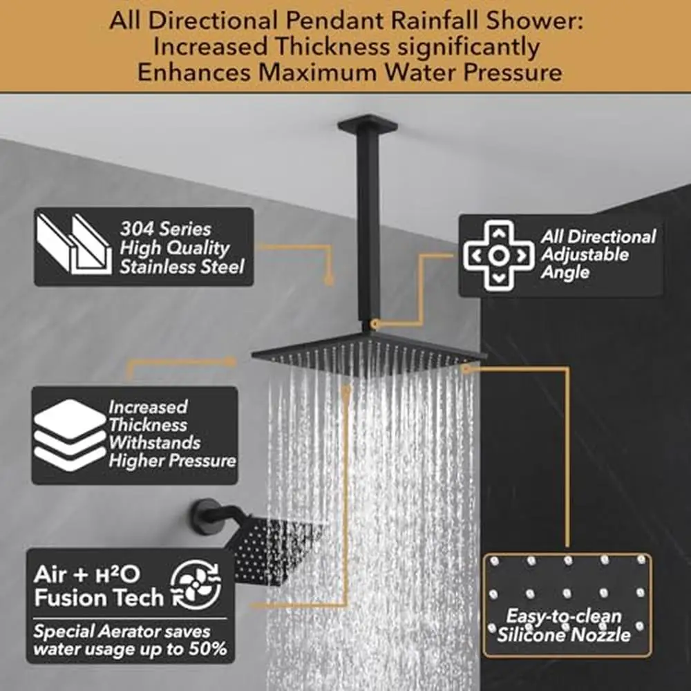 Matte Black Shower System Push Button Diverter 2-in-1 Handheld 10 Inch Ceiling Mount High Pressure Rainfall Shower Valve