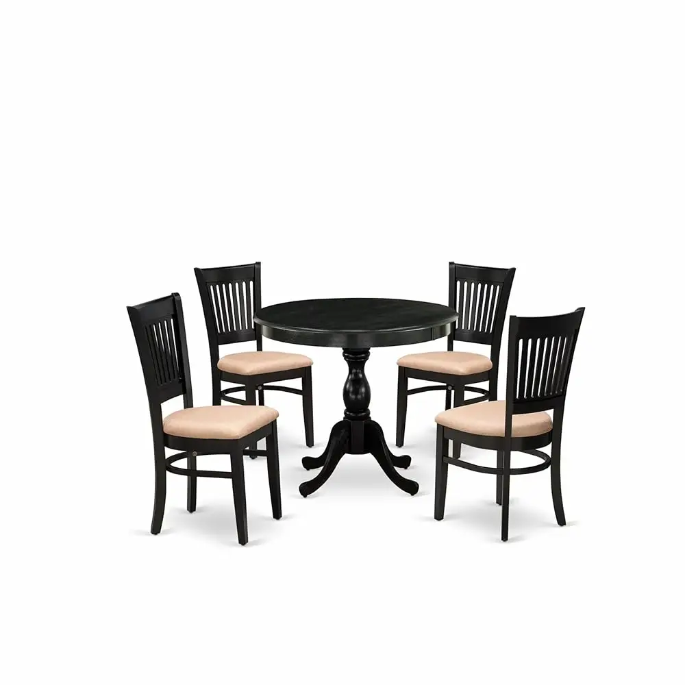 

Amva5-Blk-C 5 Piece Dining Set Ludes A Round Kitchen Table With Pedestal And 4 Linen Fabric Upholstered Dining Chairs, 36X36 H,