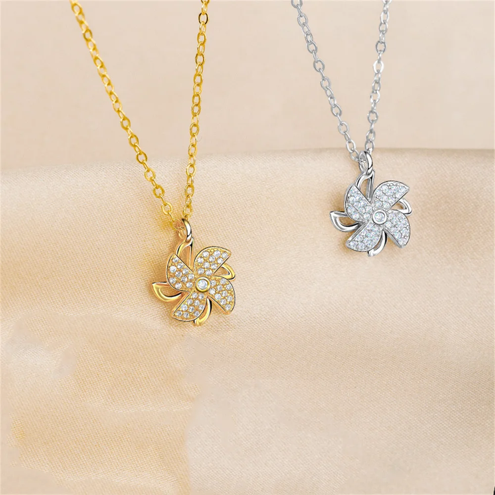 

Korean Exquisite Design Necklace for Women, S925 Sterling Silver, Windmill Diamond-Embedded Rotatable Pendant Collarbone Chain