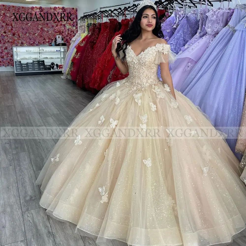 Champagne or Quinceanera robe 2025 scintillant col en V papillon robe De bal doux 16 robe paillettes Tulle robe De XV Anos fête